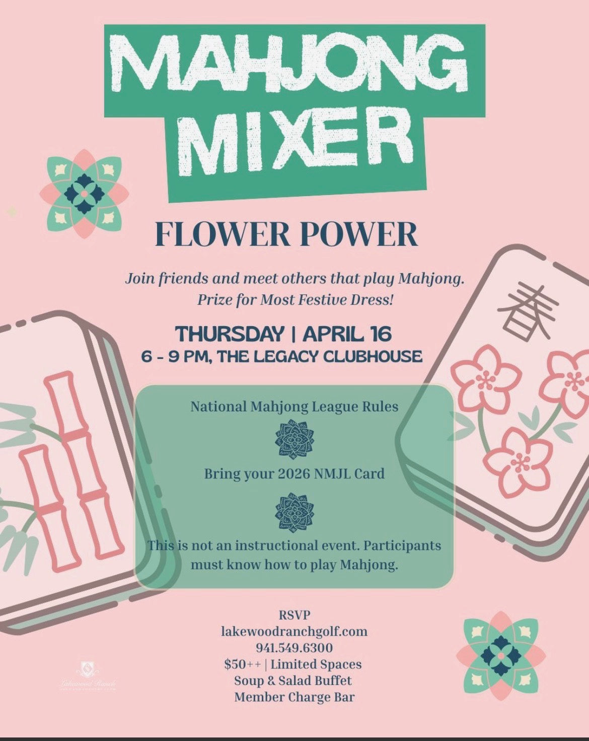 Mahjong Mixer Flower Power — Thursday April 16 at The Legacy Clubhouse
